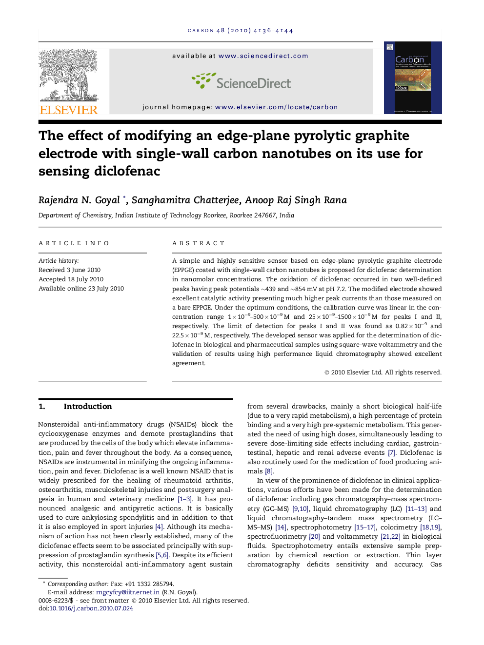 عکس صفحه اول مقاله: The effect of modifying an edge-plane pyrolytic graphite electrode with single-wall carbon nanotubes on its use for sensing diclofenac The effect of modifying an edge-plane pyrolytic graphite electrode with single-wall carbon nanotubes on its use for sensing diclofenac