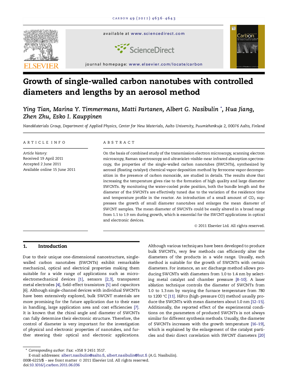 Growth of single-walled carbon nanotubes with controlled diameters and lengths by an aerosol method