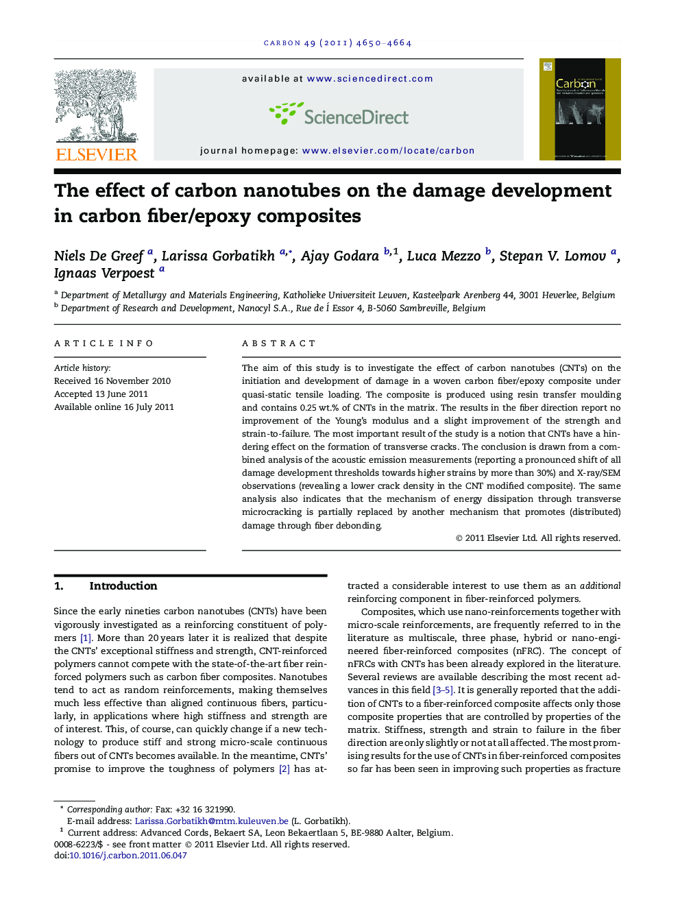 The effect of carbon nanotubes on the damage development in carbon fiber/epoxy composites