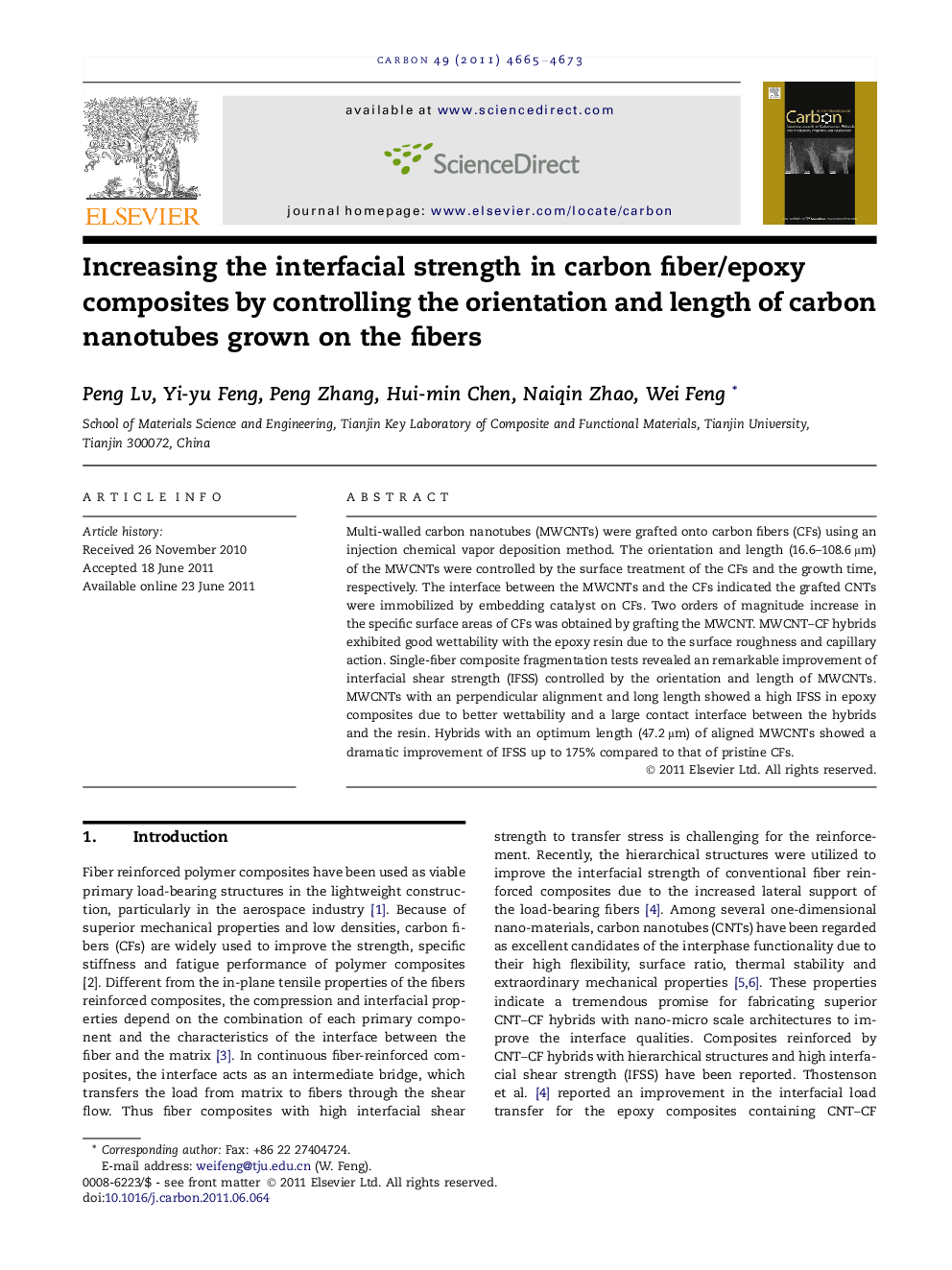 Increasing the interfacial strength in carbon fiber/epoxy composites by controlling the orientation and length of carbon nanotubes grown on the fibers