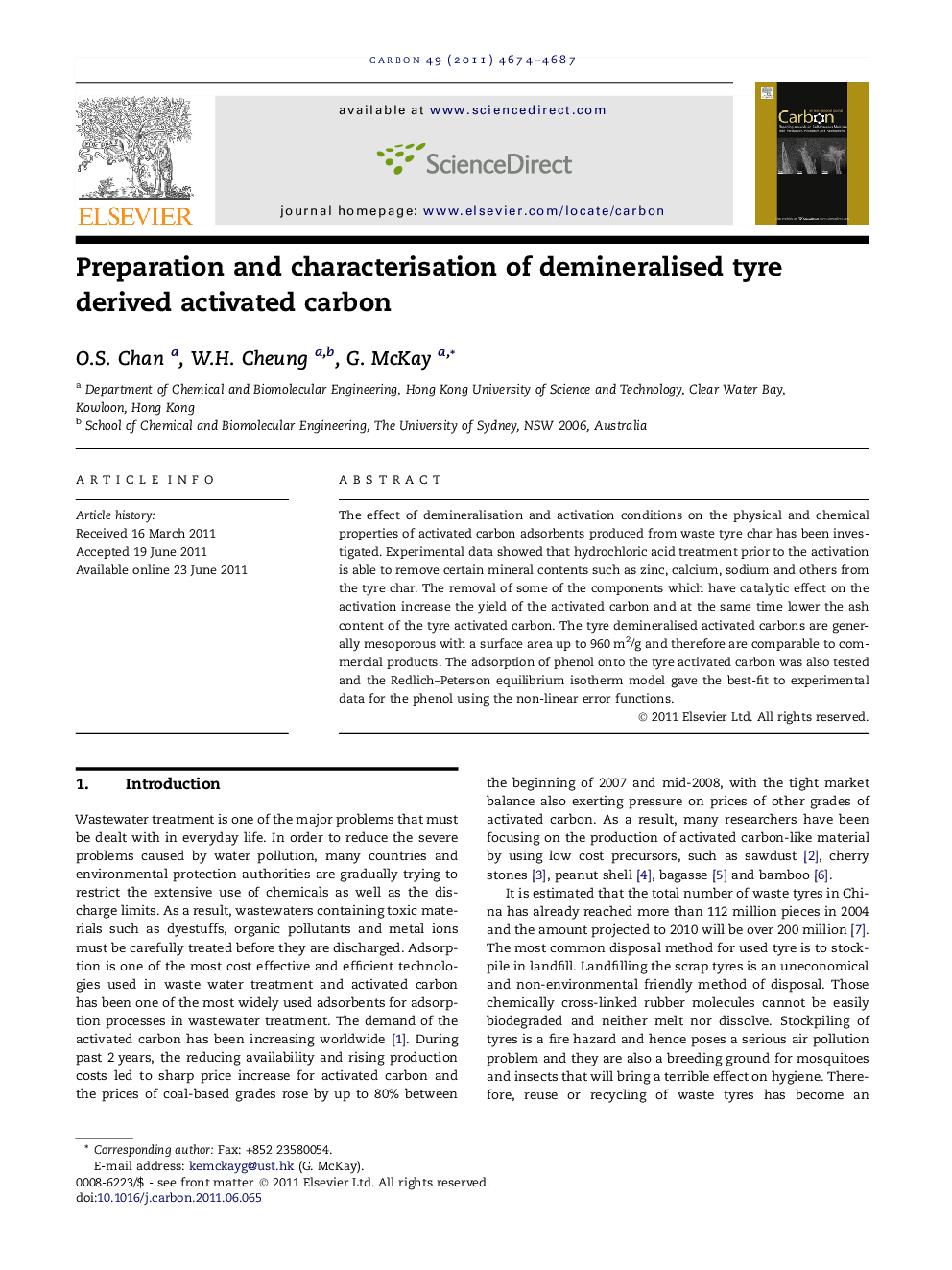 Preparation and characterisation of demineralised tyre derived activated carbon