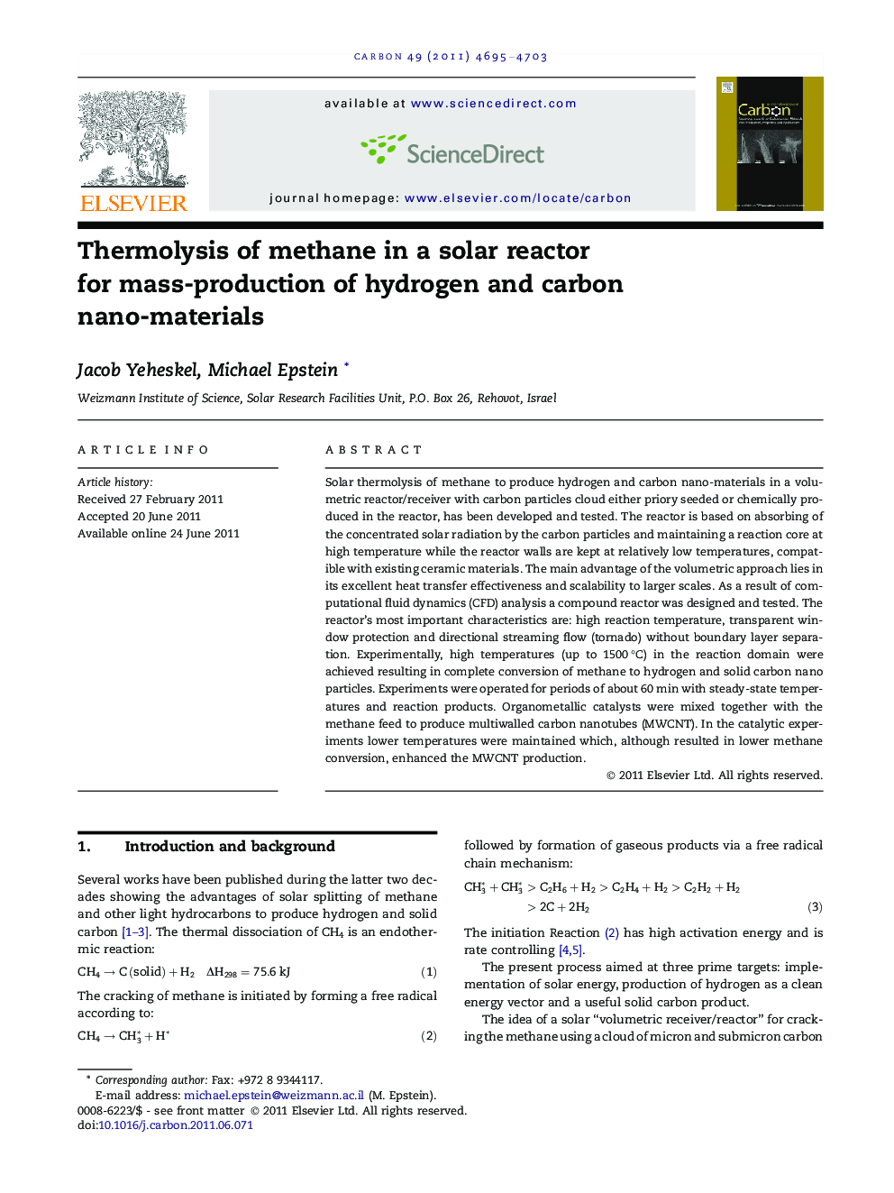 Thermolysis of methane in a solar reactor for mass-production of hydrogen and carbon nano-materials