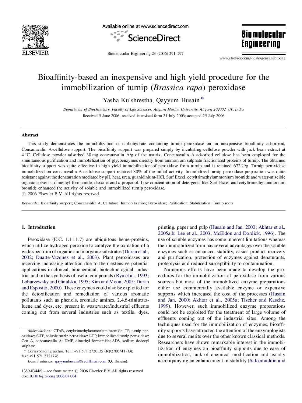 Bioaffinity-based an inexpensive and high yield procedure for the immobilization of turnip (Brassica rapa) peroxidase