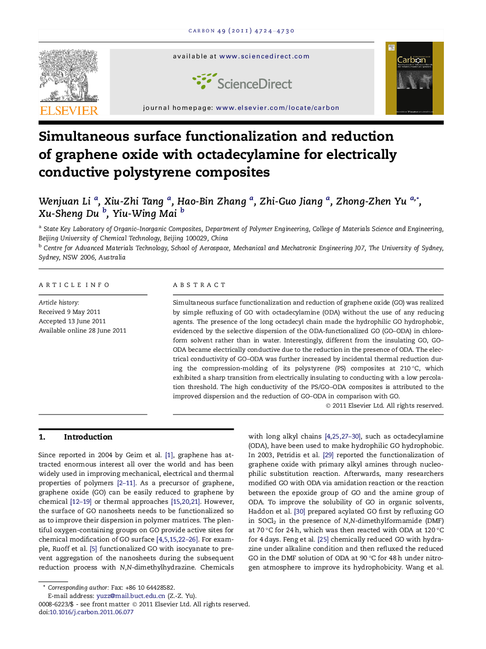 Simultaneous surface functionalization and reduction of graphene oxide with octadecylamine for electrically conductive polystyrene composites