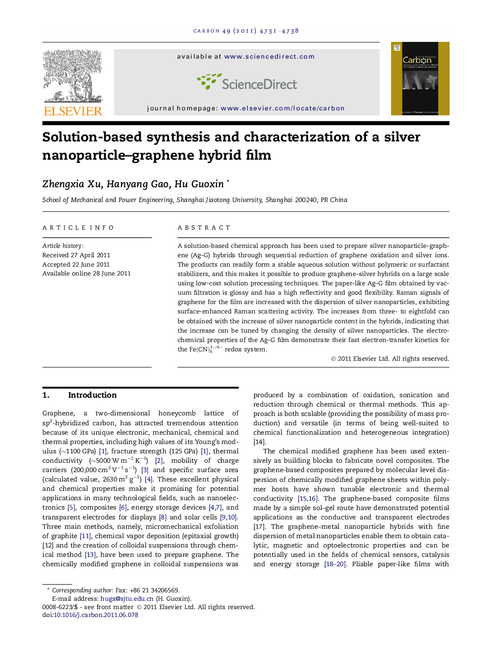 Solution-based synthesis and characterization of a silver nanoparticle–graphene hybrid film
