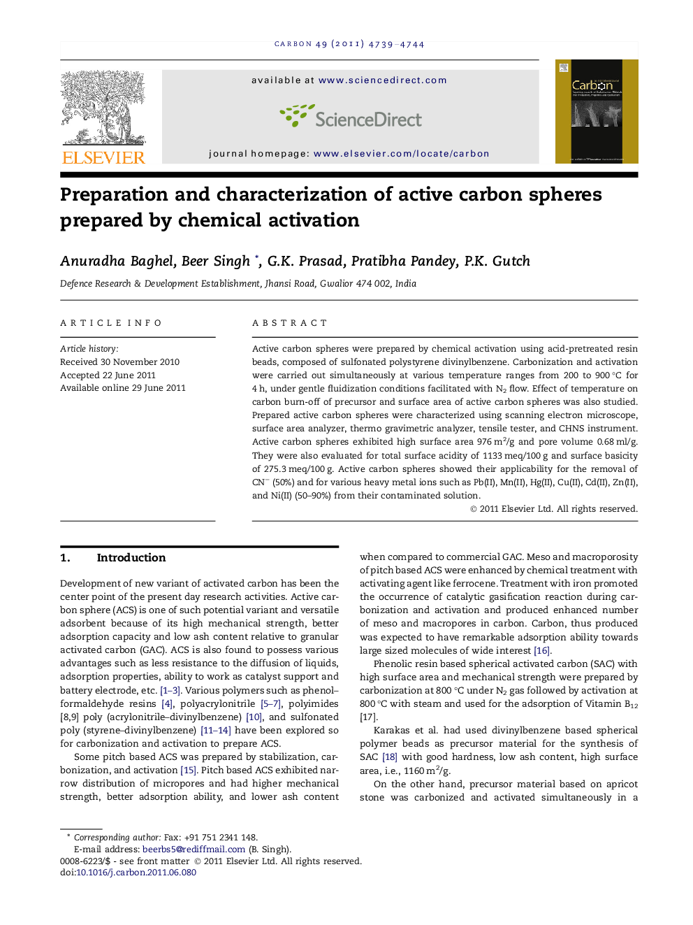 Preparation and characterization of active carbon spheres prepared by chemical activation