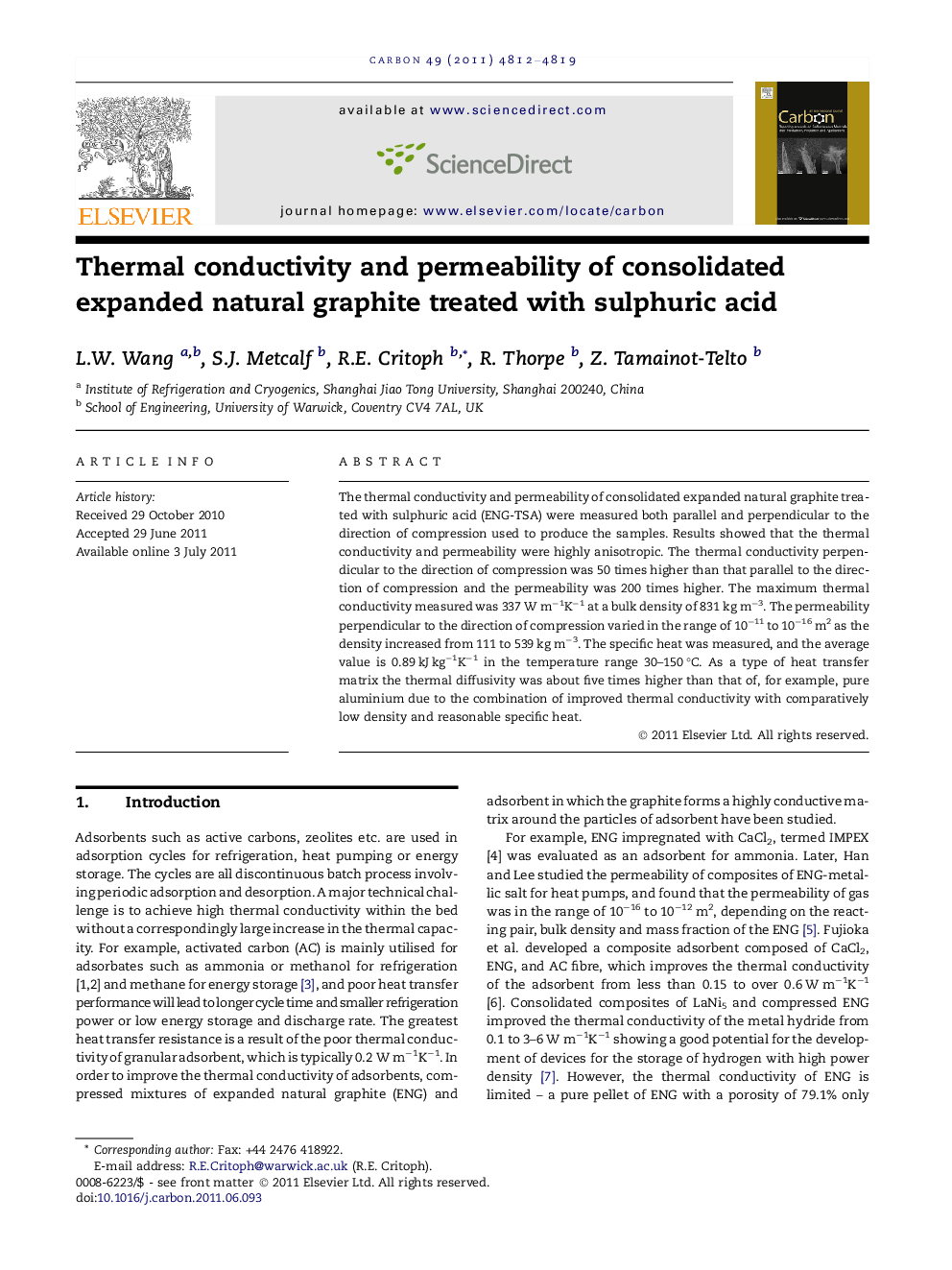 Thermal conductivity and permeability of consolidated expanded natural graphite treated with sulphuric acid