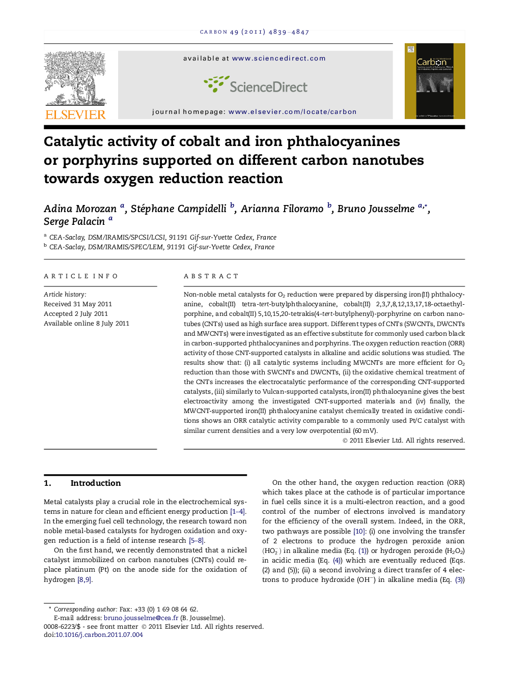 Catalytic activity of cobalt and iron phthalocyanines or porphyrins supported on different carbon nanotubes towards oxygen reduction reaction