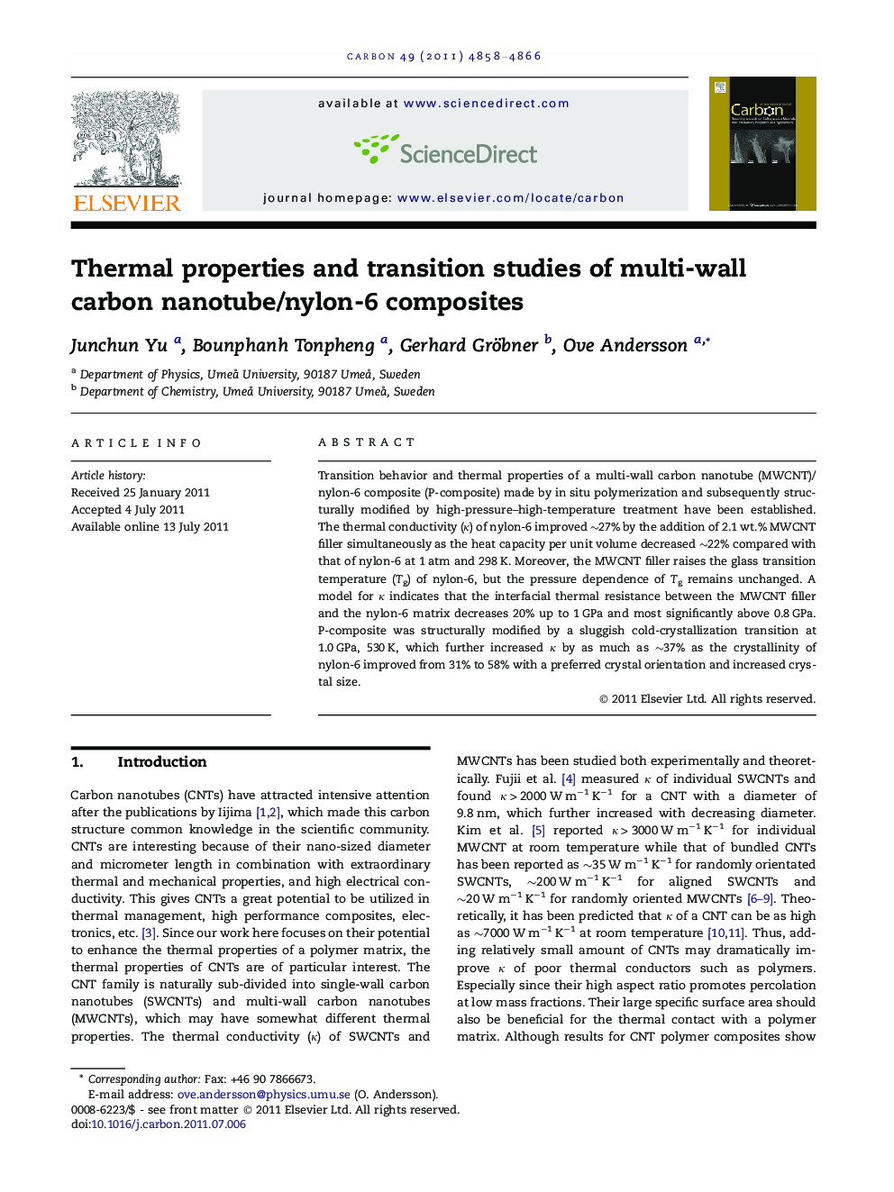 Thermal properties and transition studies of multi-wall carbon nanotube/nylon-6 composites