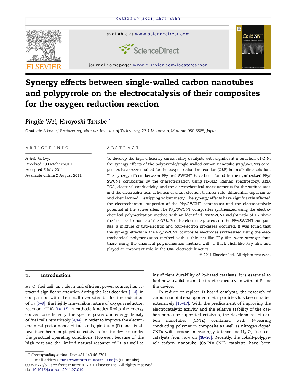 Synergy effects between single-walled carbon nanotubes and polypyrrole on the electrocatalysis of their composites for the oxygen reduction reaction