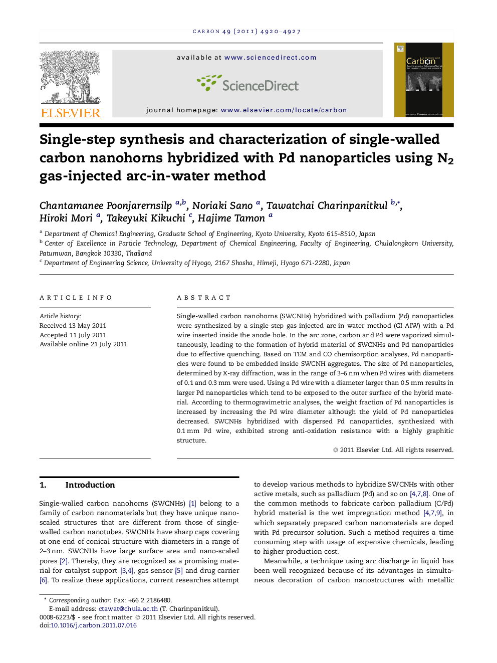Single-step synthesis and characterization of single-walled carbon nanohorns hybridized with Pd nanoparticles using N2 gas-injected arc-in-water method