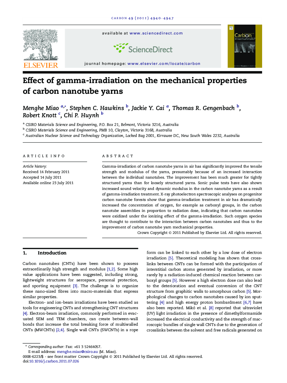 Effect of gamma-irradiation on the mechanical properties of carbon nanotube yarns