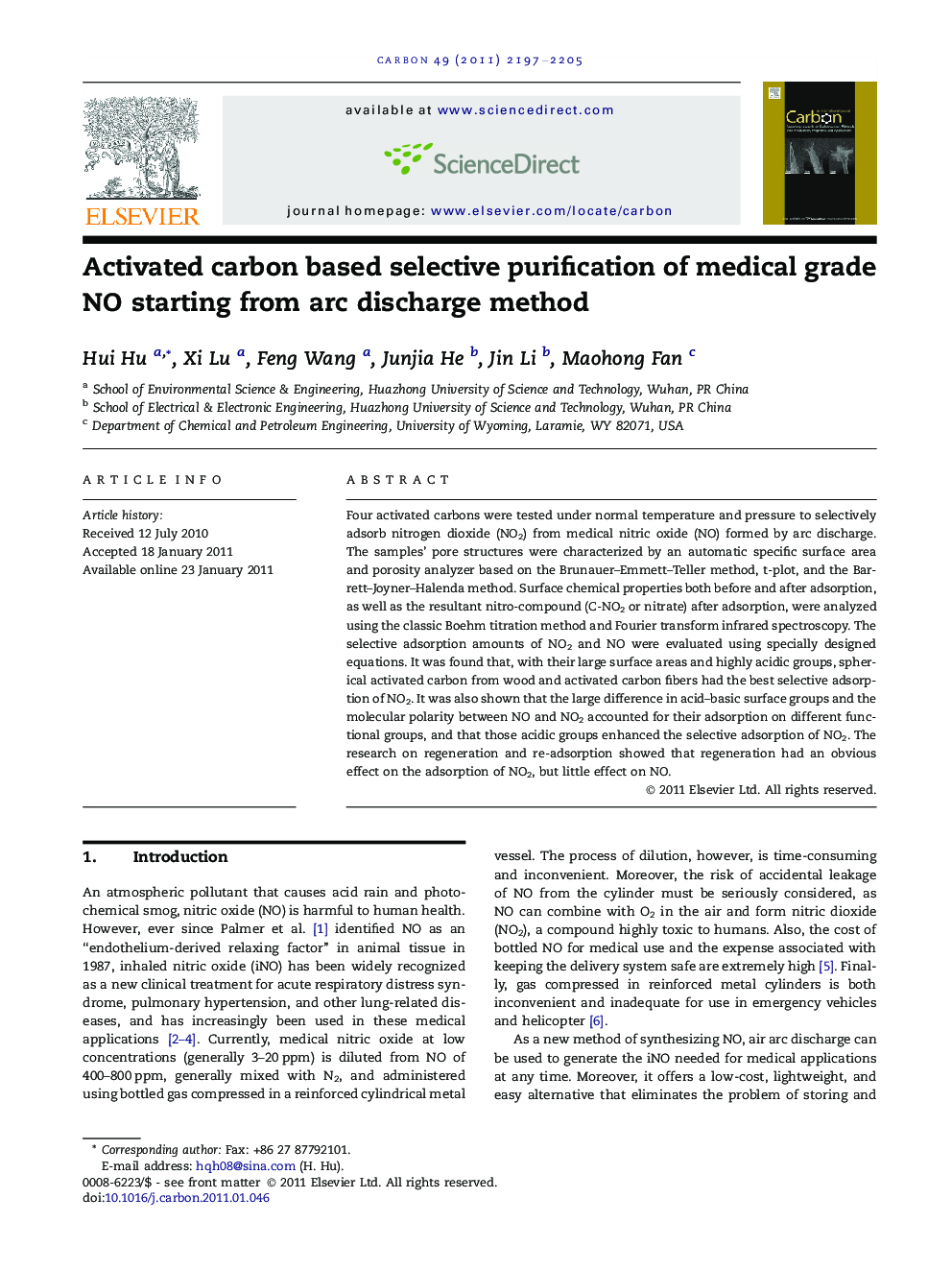 Activated carbon based selective purification of medical grade NO starting from arc discharge method