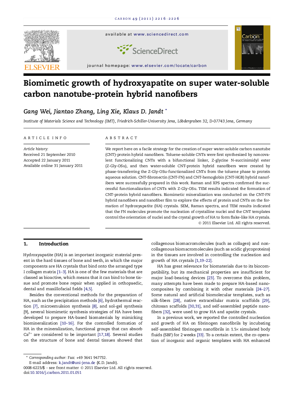 Biomimetic growth of hydroxyapatite on super water-soluble carbon nanotube-protein hybrid nanofibers