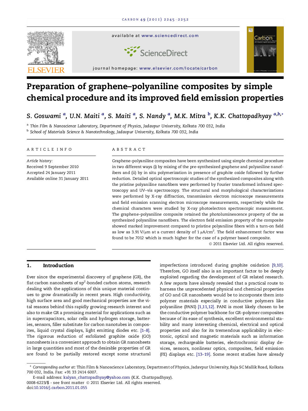 Preparation of graphene–polyaniline composites by simple chemical procedure and its improved field emission properties