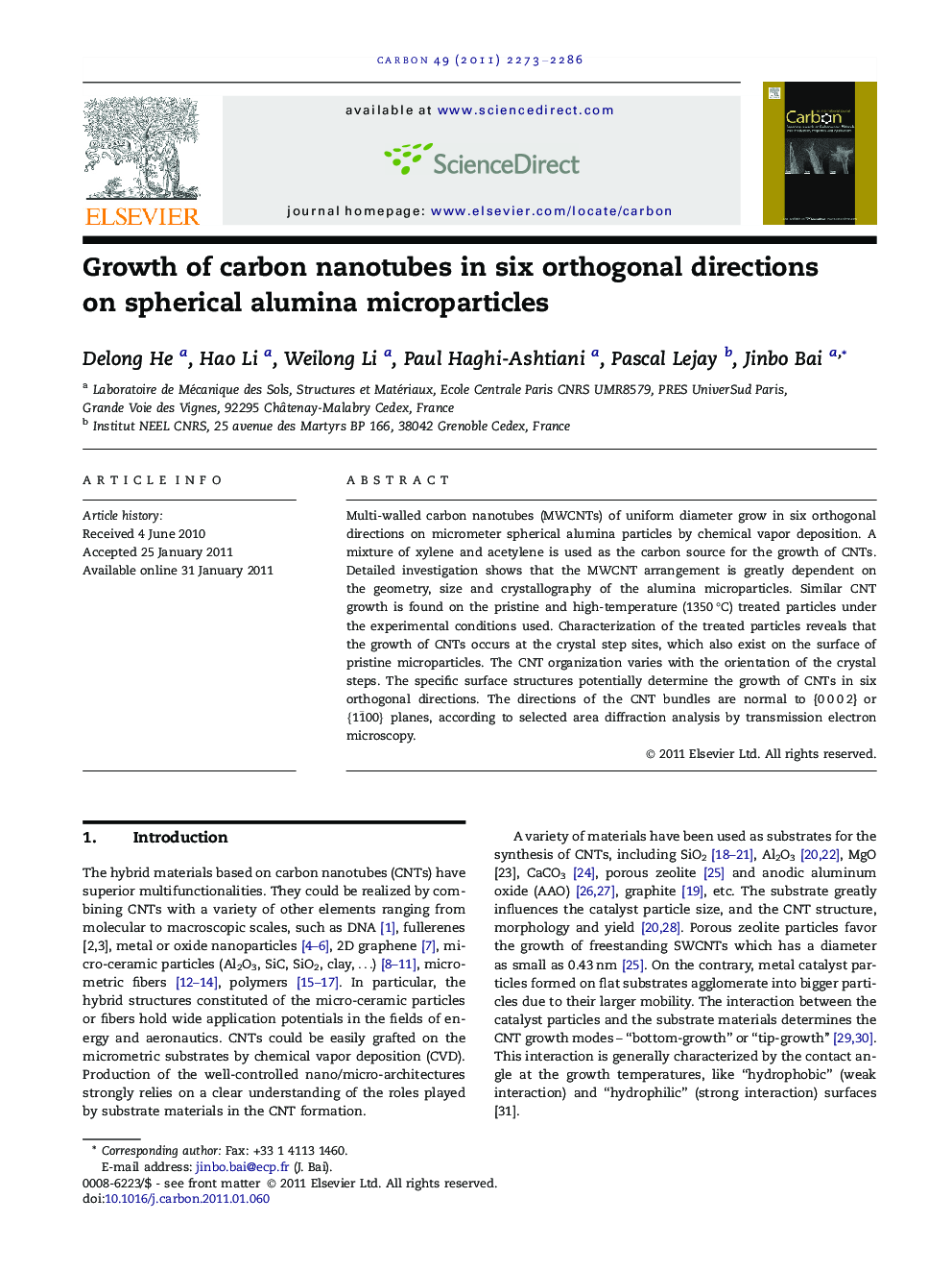 Growth of carbon nanotubes in six orthogonal directions on spherical alumina microparticles