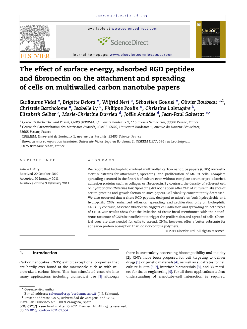 The effect of surface energy, adsorbed RGD peptides and fibronectin on the attachment and spreading of cells on multiwalled carbon nanotube papers