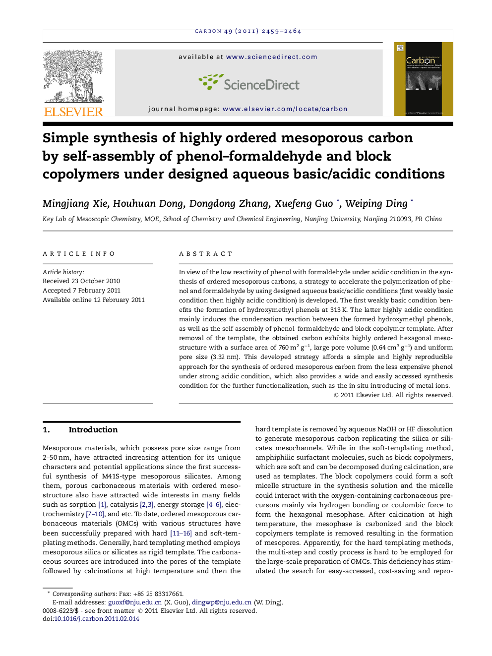 Simple synthesis of highly ordered mesoporous carbon by self-assembly of phenol–formaldehyde and block copolymers under designed aqueous basic/acidic conditions