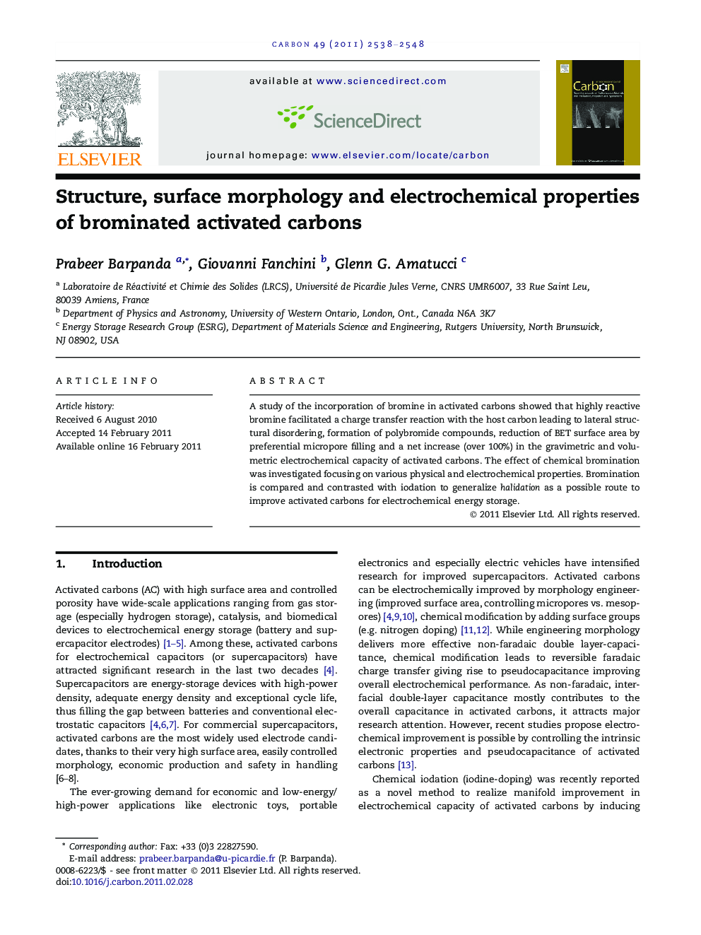Structure, surface morphology and electrochemical properties of brominated activated carbons