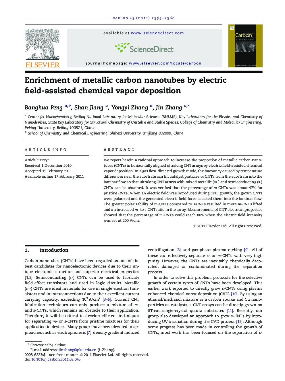Enrichment of metallic carbon nanotubes by electric field-assisted chemical vapor deposition