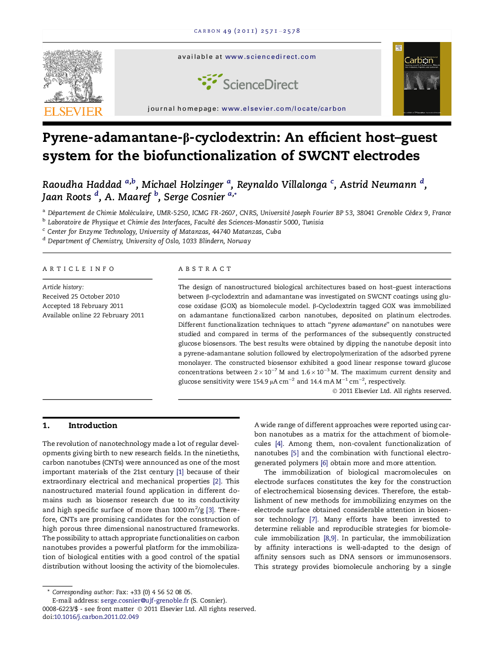 Pyrene-adamantane-β-cyclodextrin: An efficient host–guest system for the biofunctionalization of SWCNT electrodes