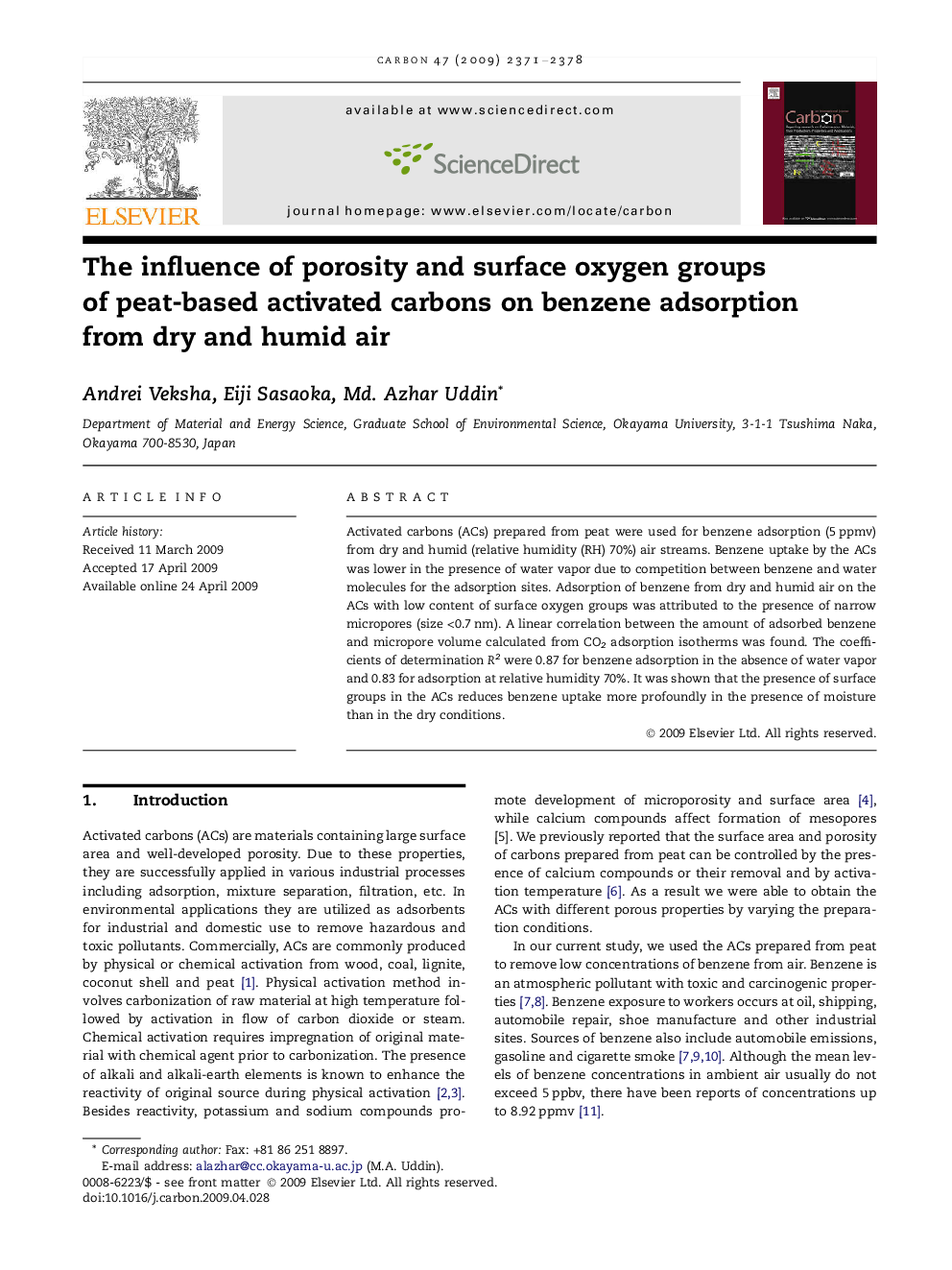 The influence of porosity and surface oxygen groups of peat-based activated carbons on benzene adsorption from dry and humid air