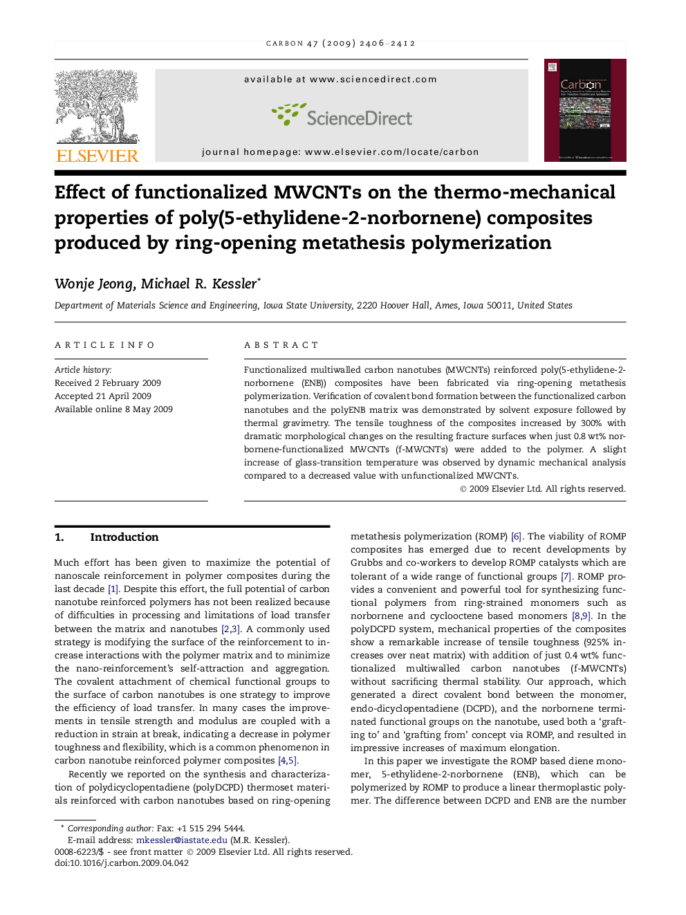 Effect of functionalized MWCNTs on the thermo-mechanical properties of poly(5-ethylidene-2-norbornene) composites produced by ring-opening metathesis polymerization