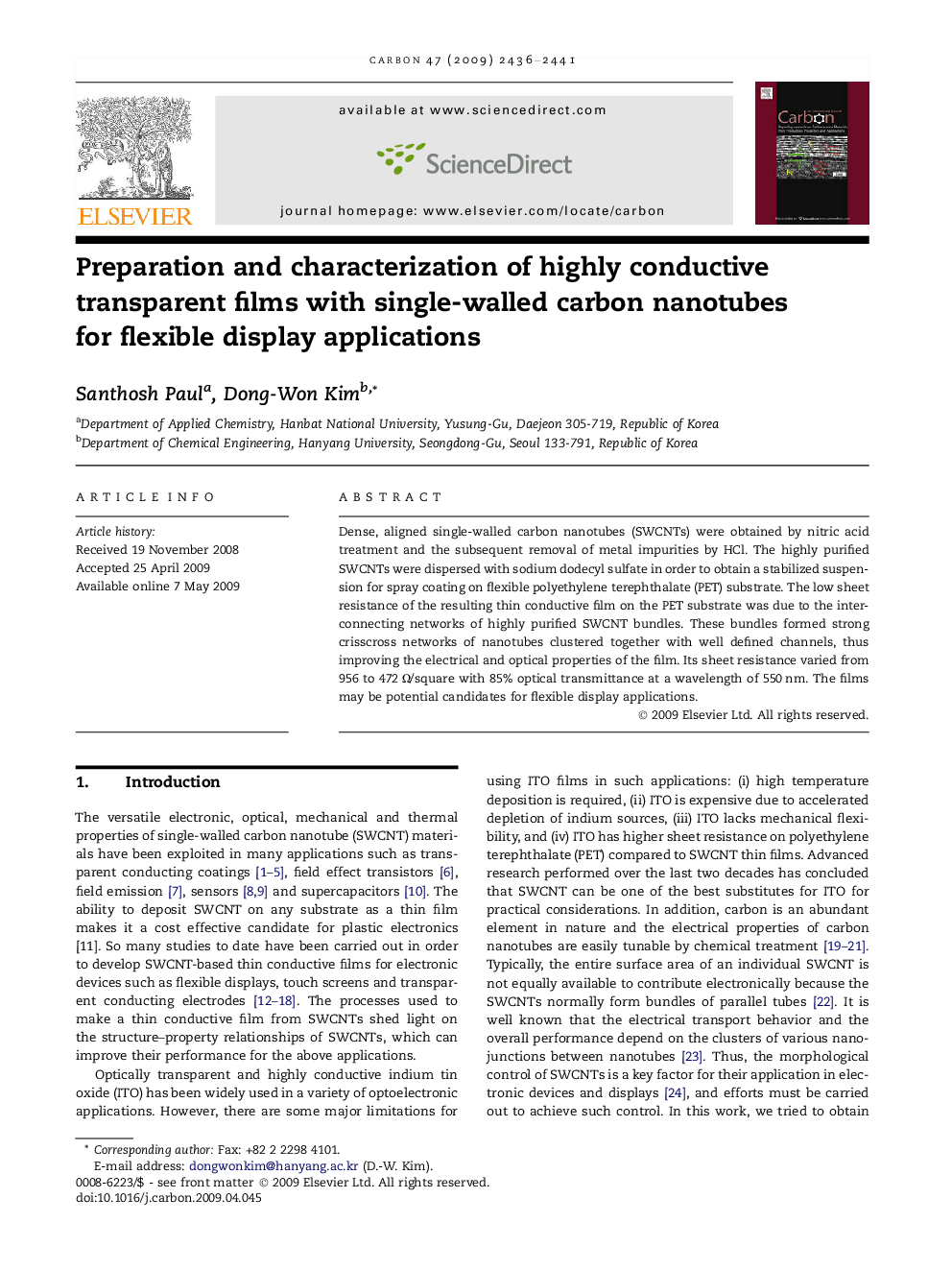 Preparation and characterization of highly conductive transparent films with single-walled carbon nanotubes for flexible display applications
