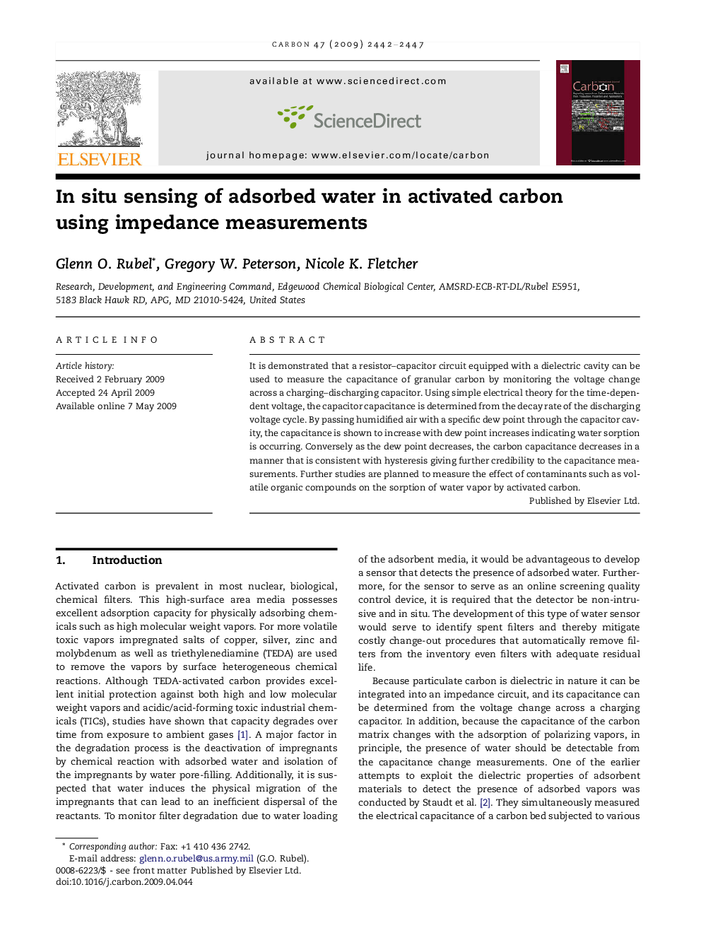 In situ sensing of adsorbed water in activated carbon using impedance measurements