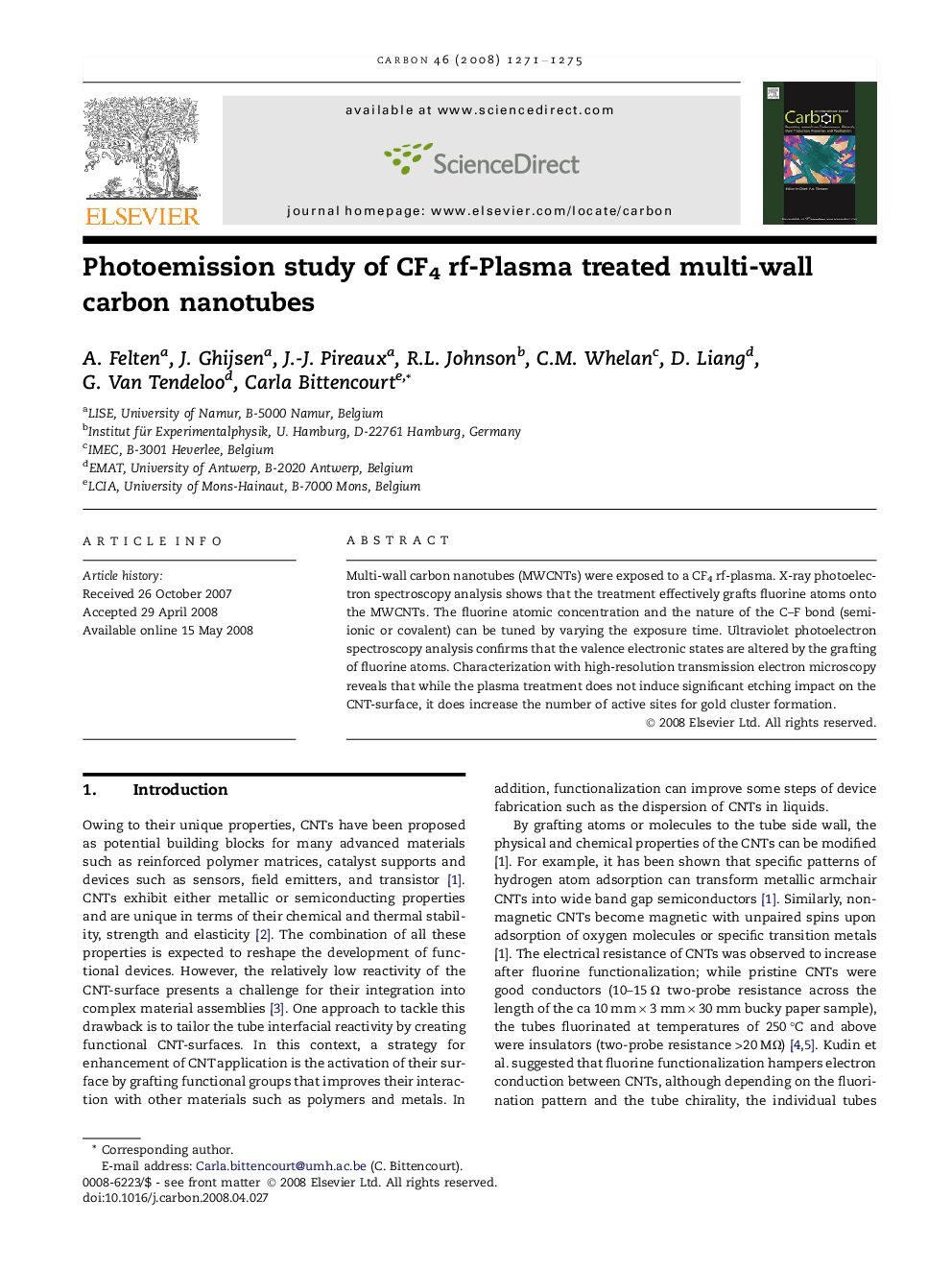 Photoemission study of CF4 rf-Plasma treated multi-wall carbon nanotubes