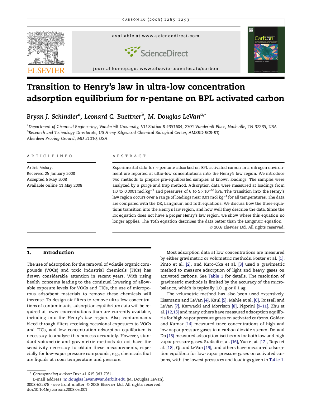 Transition to Henry’s law in ultra-low concentration adsorption equilibrium for n-pentane on BPL activated carbon