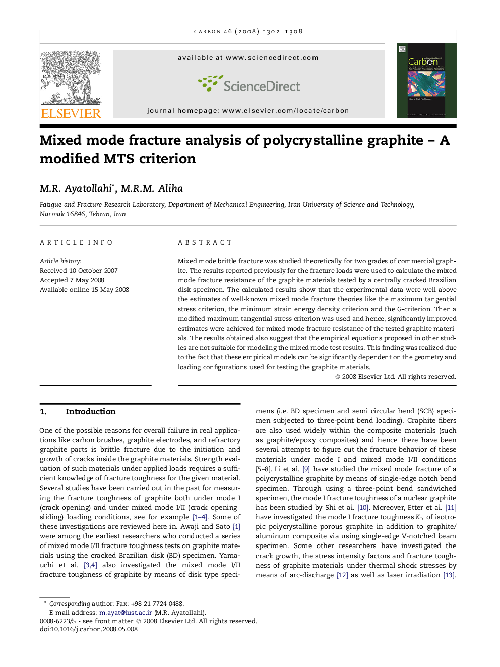 Mixed mode fracture analysis of polycrystalline graphite – A modified MTS criterion