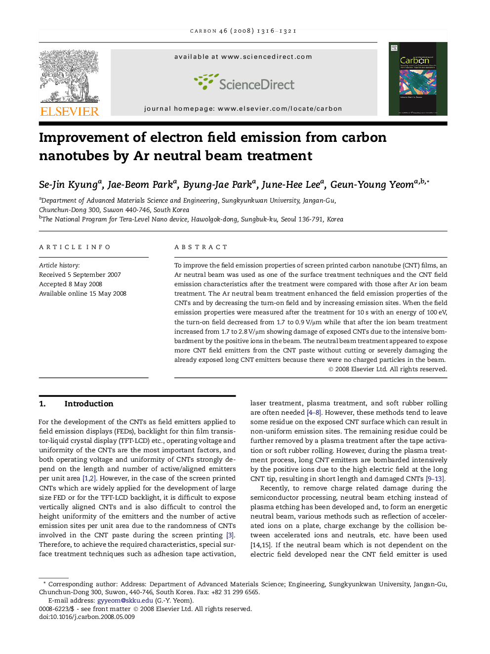 Improvement of electron field emission from carbon nanotubes by Ar neutral beam treatment