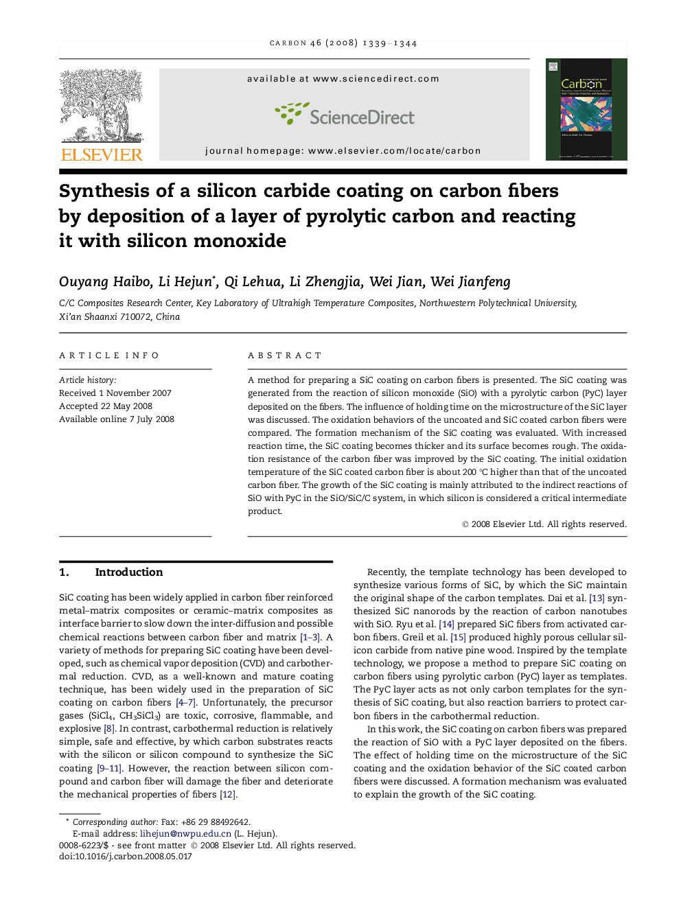 Synthesis of a silicon carbide coating on carbon fibers by deposition of a layer of pyrolytic carbon and reacting it with silicon monoxide