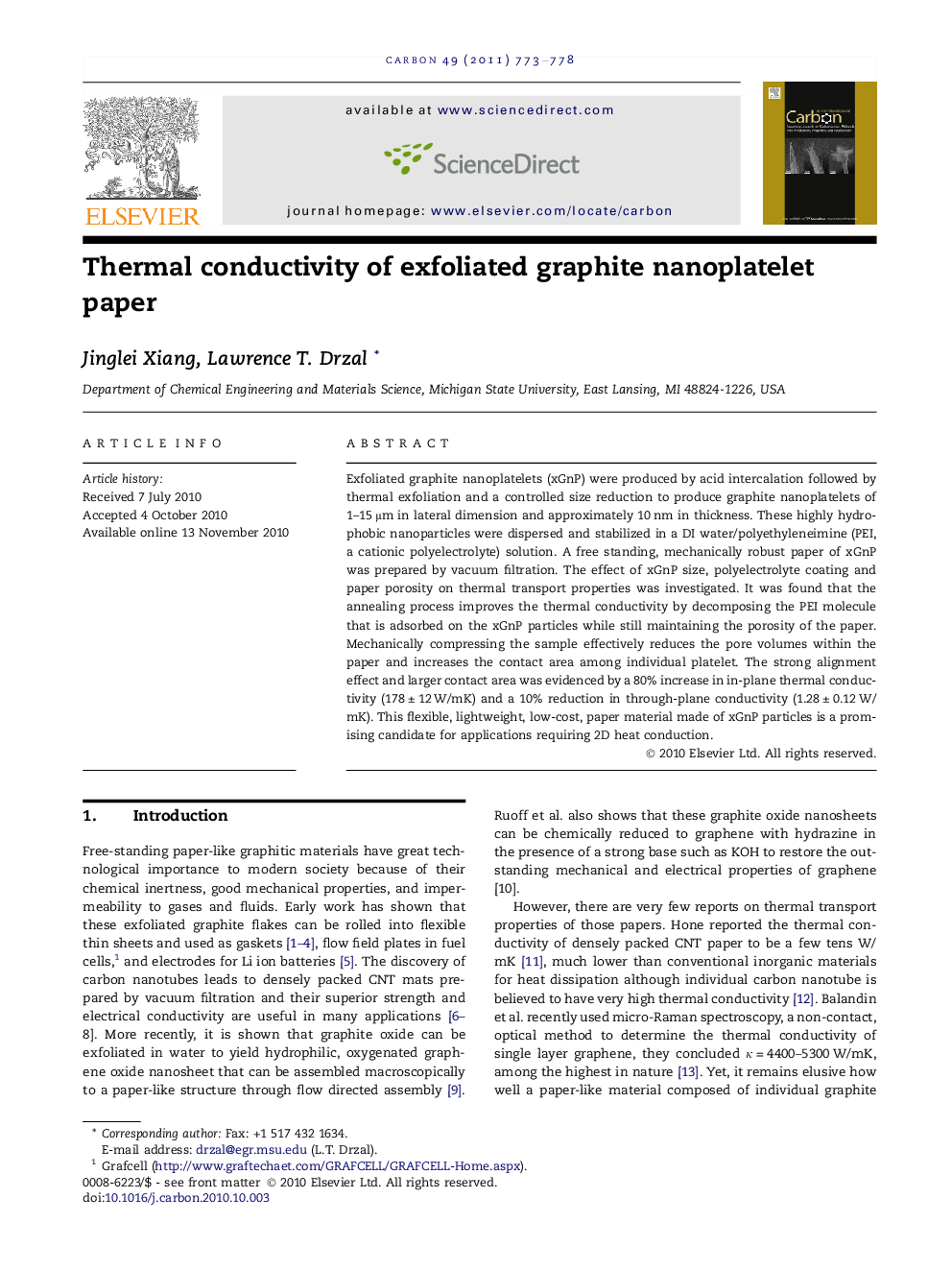 Thermal conductivity of exfoliated graphite nanoplatelet paper