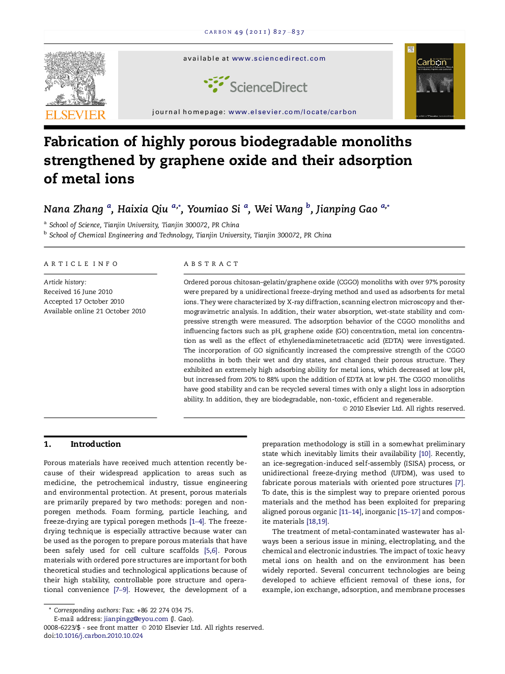 Fabrication of highly porous biodegradable monoliths strengthened by graphene oxide and their adsorption of metal ions