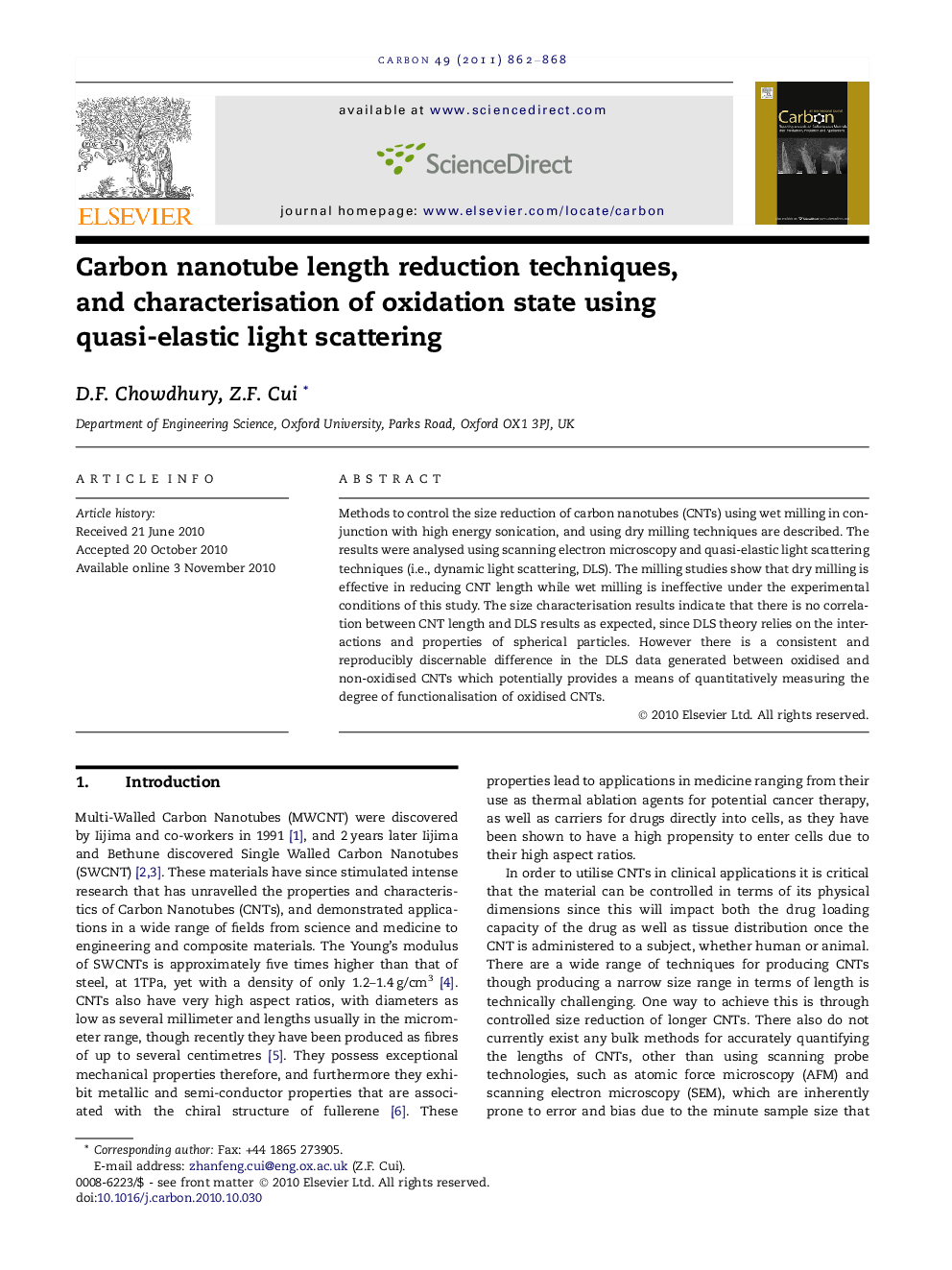 Carbon nanotube length reduction techniques, and characterisation of oxidation state using quasi-elastic light scattering