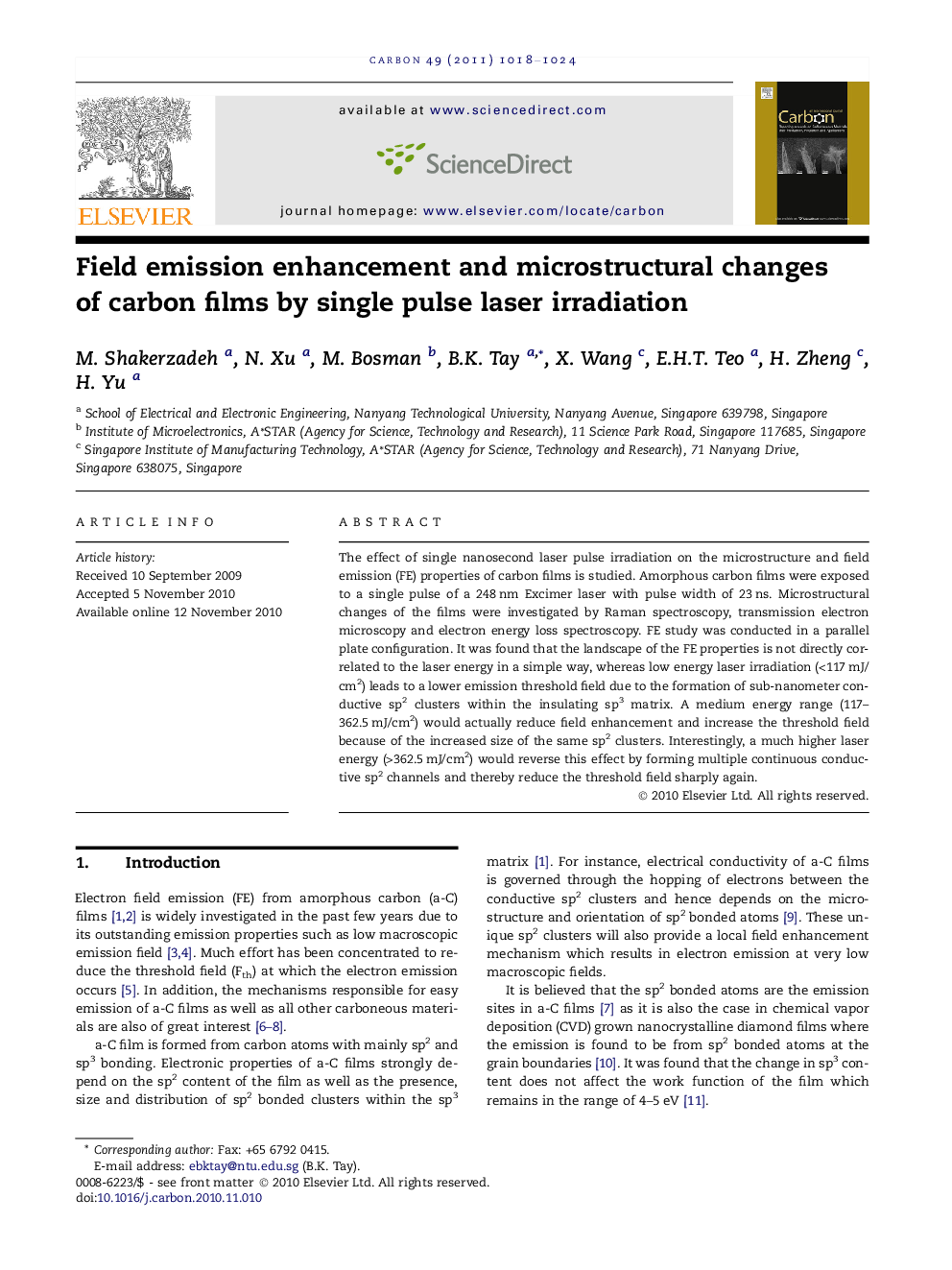 Field emission enhancement and microstructural changes of carbon films by single pulse laser irradiation