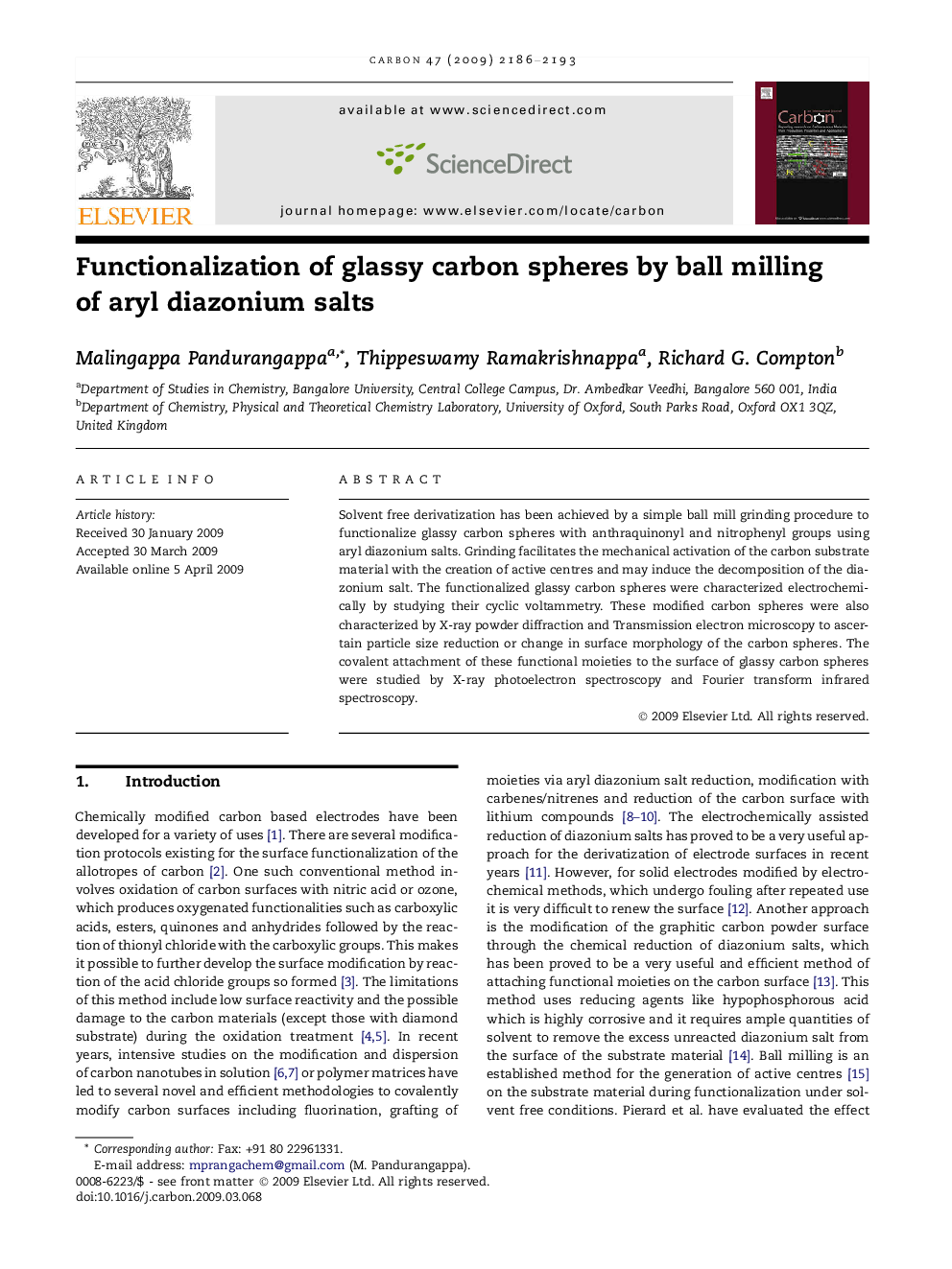 Functionalization of glassy carbon spheres by ball milling of aryl diazonium salts