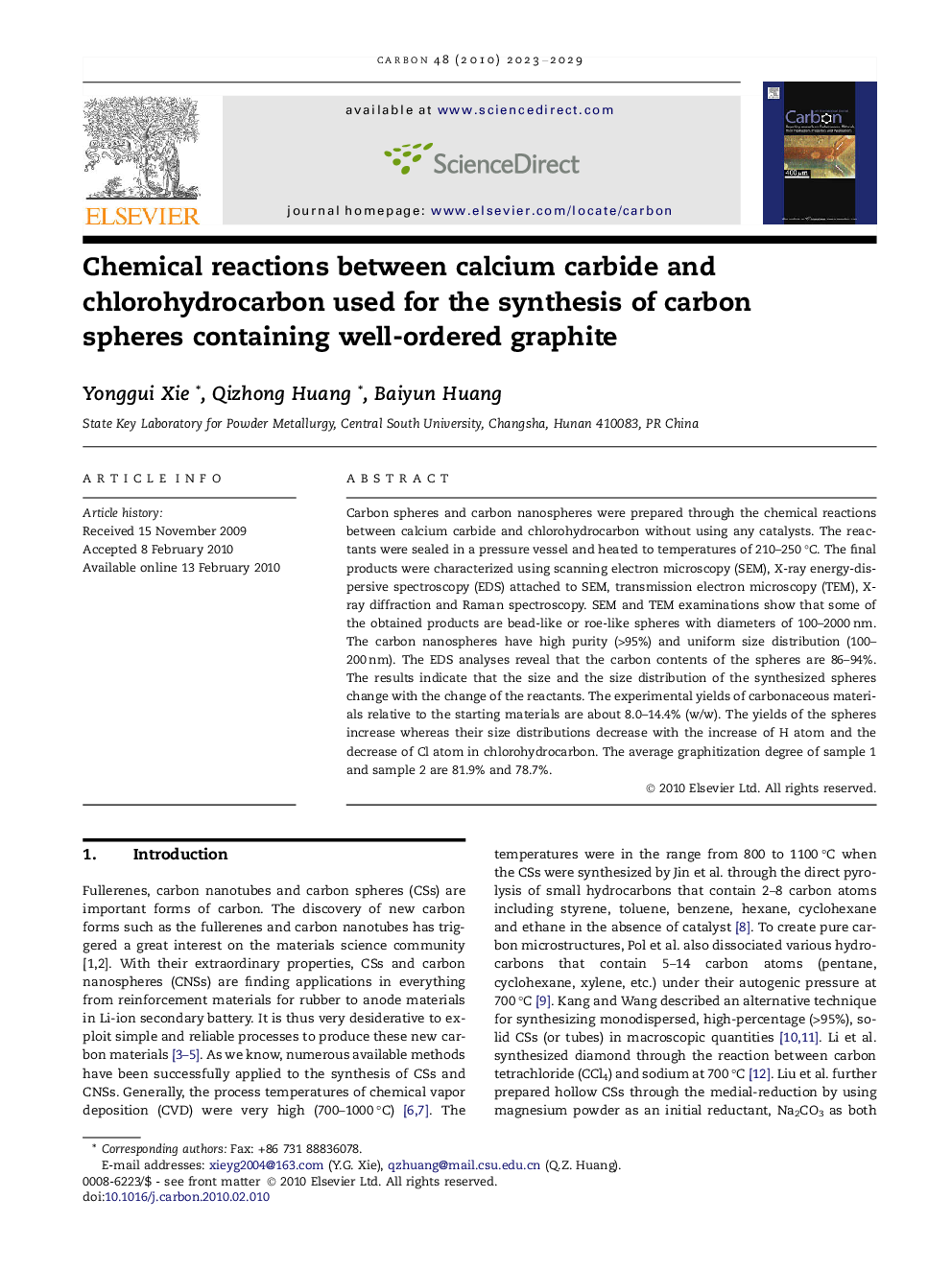 Chemical reactions between calcium carbide and chlorohydrocarbon used for the synthesis of carbon spheres containing well-ordered graphite