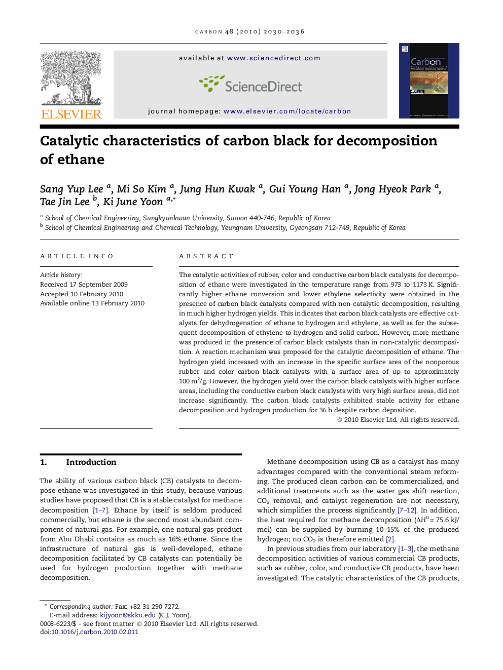 Catalytic characteristics of carbon black for decomposition of ethane