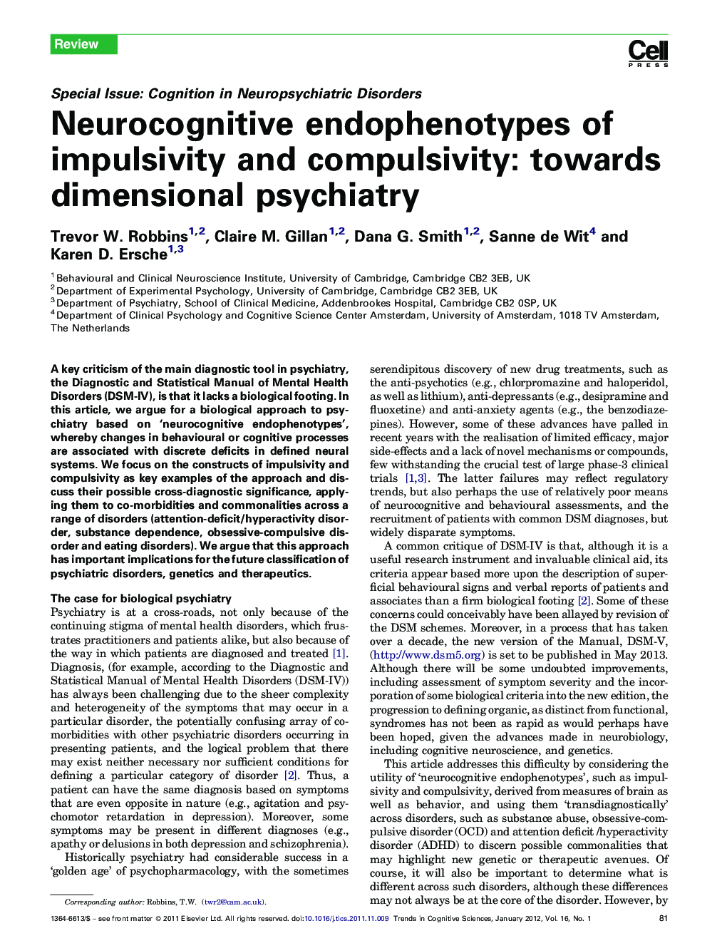 Neurocognitive endophenotypes of impulsivity and compulsivity: towards dimensional psychiatry