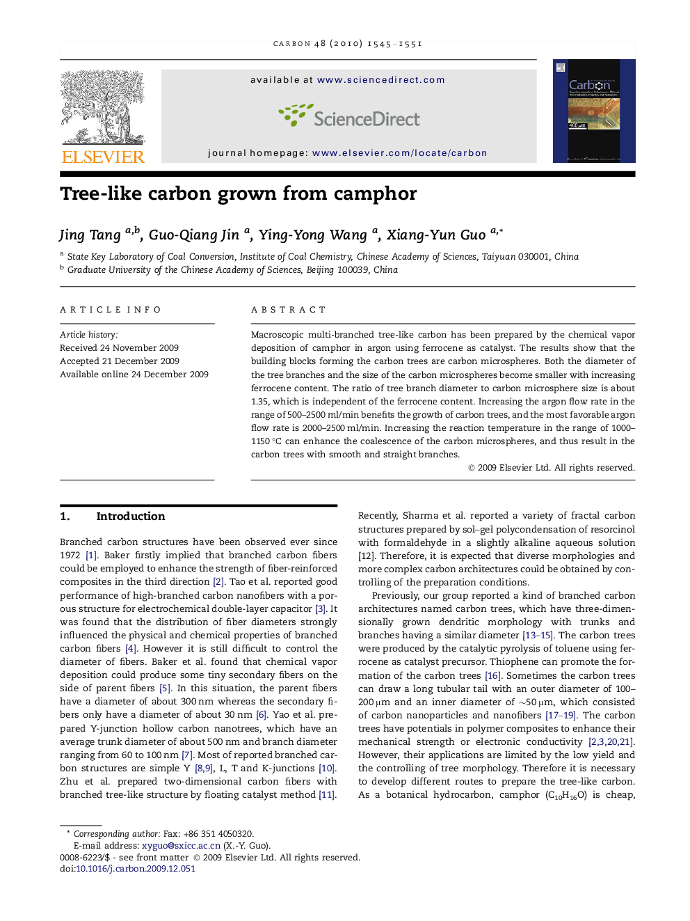 Tree-like carbon grown from camphor