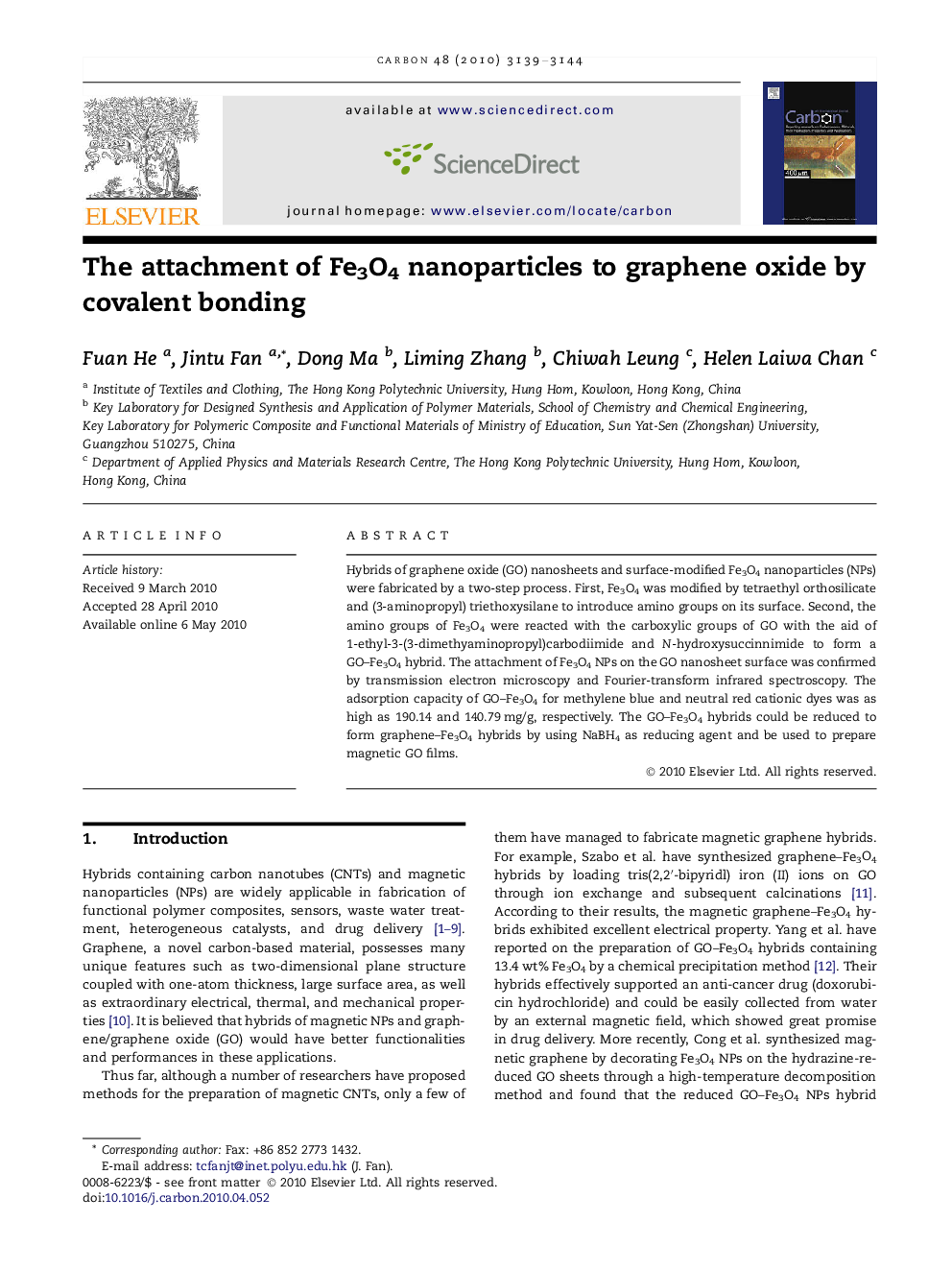 عکس صفحه اول مقاله: The attachment of Fe3O4 nanoparticles to graphene oxide by covalent bonding The attachment of Fe3O4 nanoparticles to graphene oxide by covalent bonding