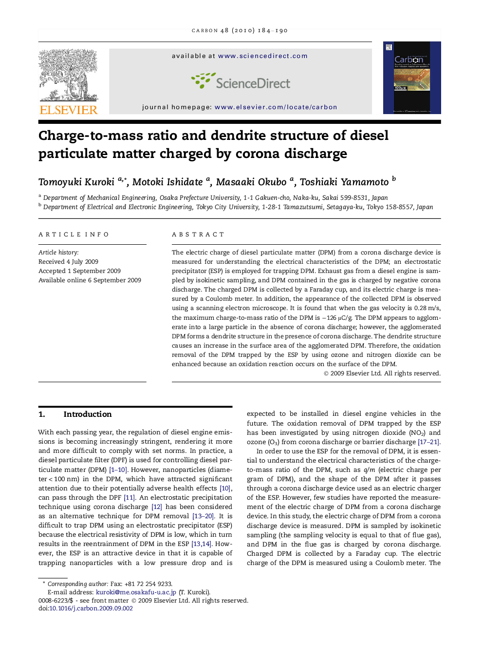 Charge-to-mass ratio and dendrite structure of diesel particulate matter charged by corona discharge