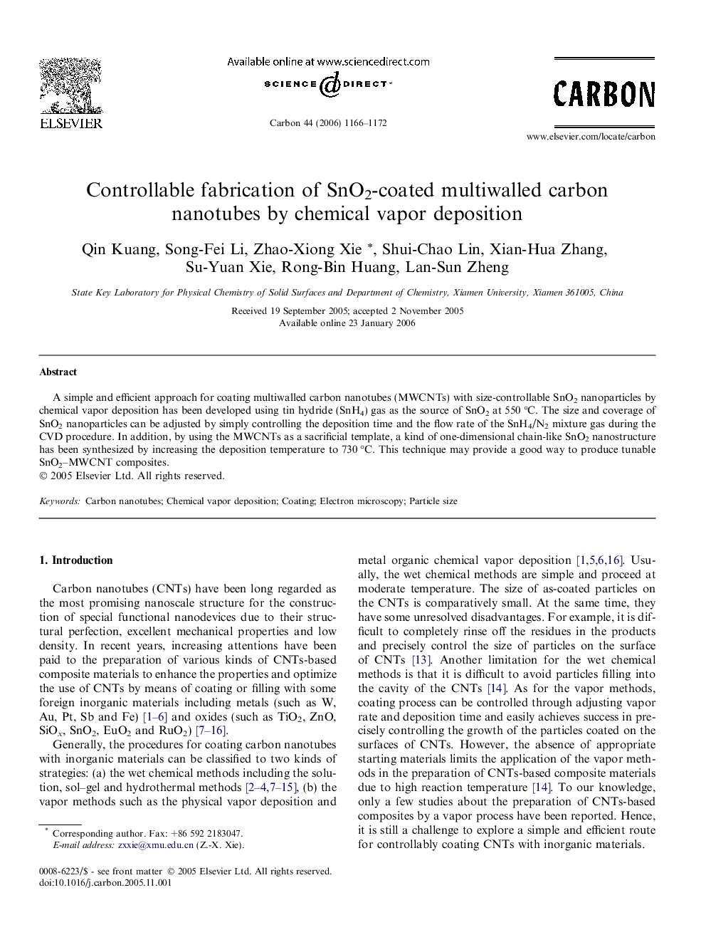 Controllable fabrication of SnO2-coated multiwalled carbon nanotubes by chemical vapor deposition