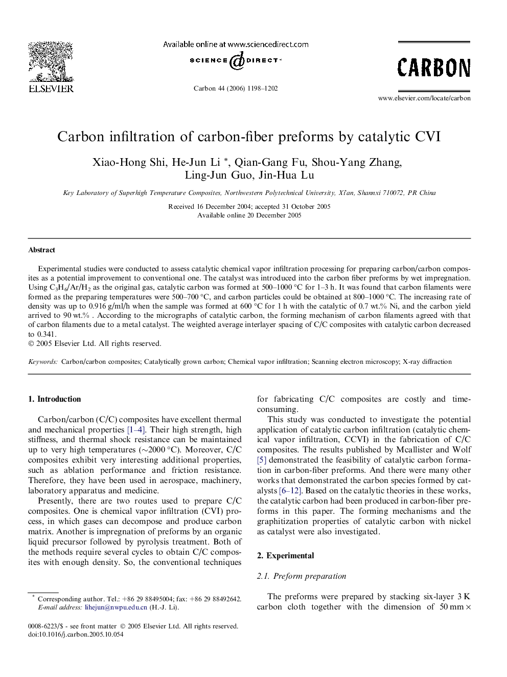Carbon infiltration of carbon-fiber preforms by catalytic CVI
