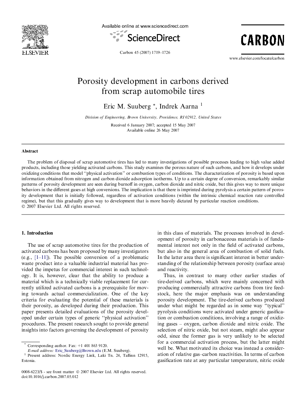 Porosity development in carbons derived from scrap automobile tires