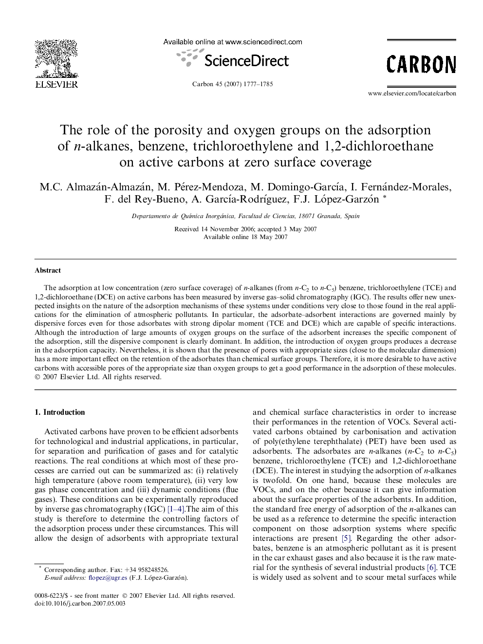 The role of the porosity and oxygen groups on the adsorption of n-alkanes, benzene, trichloroethylene and 1,2-dichloroethane on active carbons at zero surface coverage