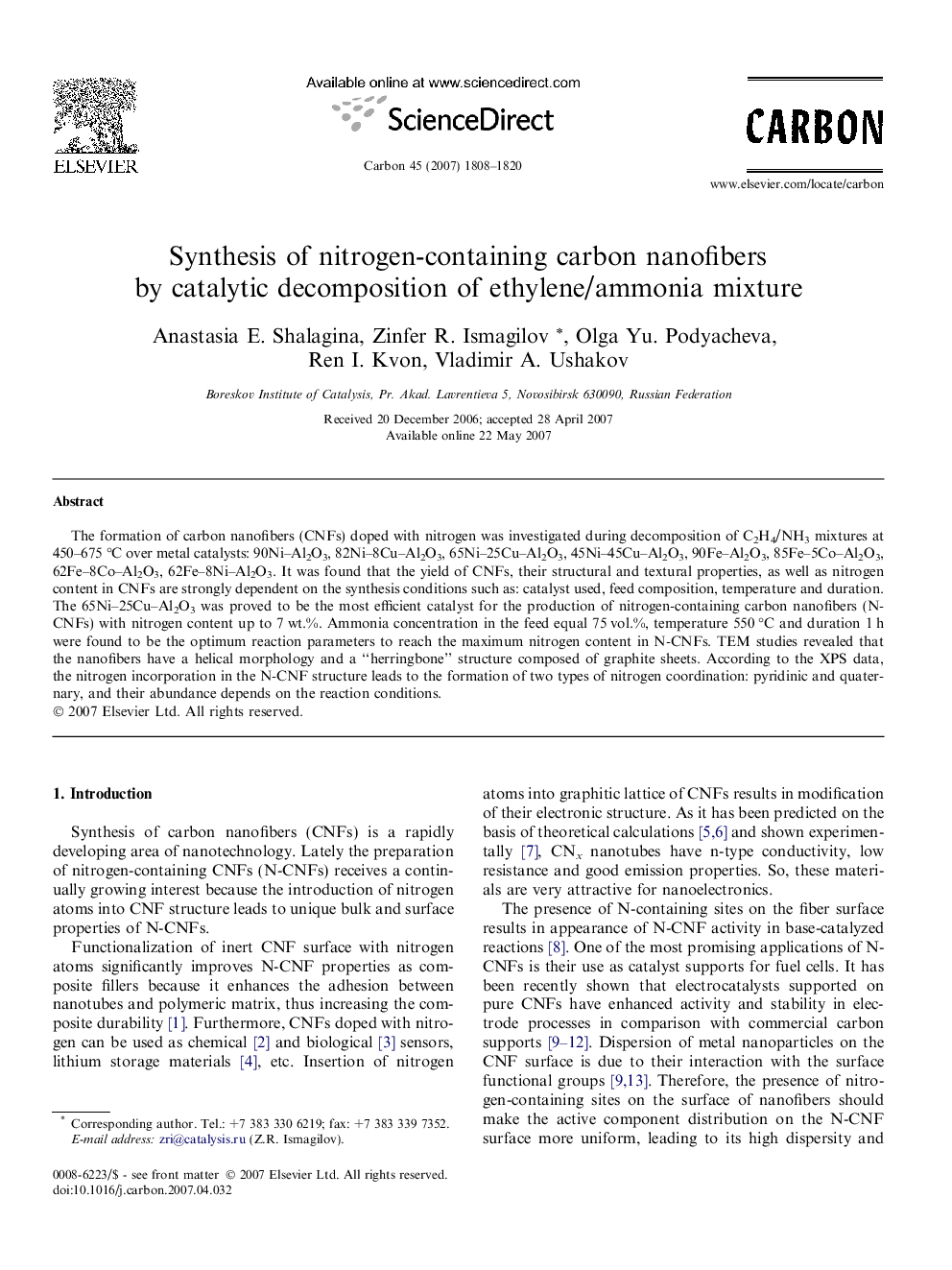 عکس صفحه اول مقاله: Synthesis of nitrogen-containing carbon nanofibers by catalytic decomposition of ethylene/ammonia mixture Synthesis of nitrogen-containing carbon nanofibers by catalytic decomposition of ethylene/ammonia mixture